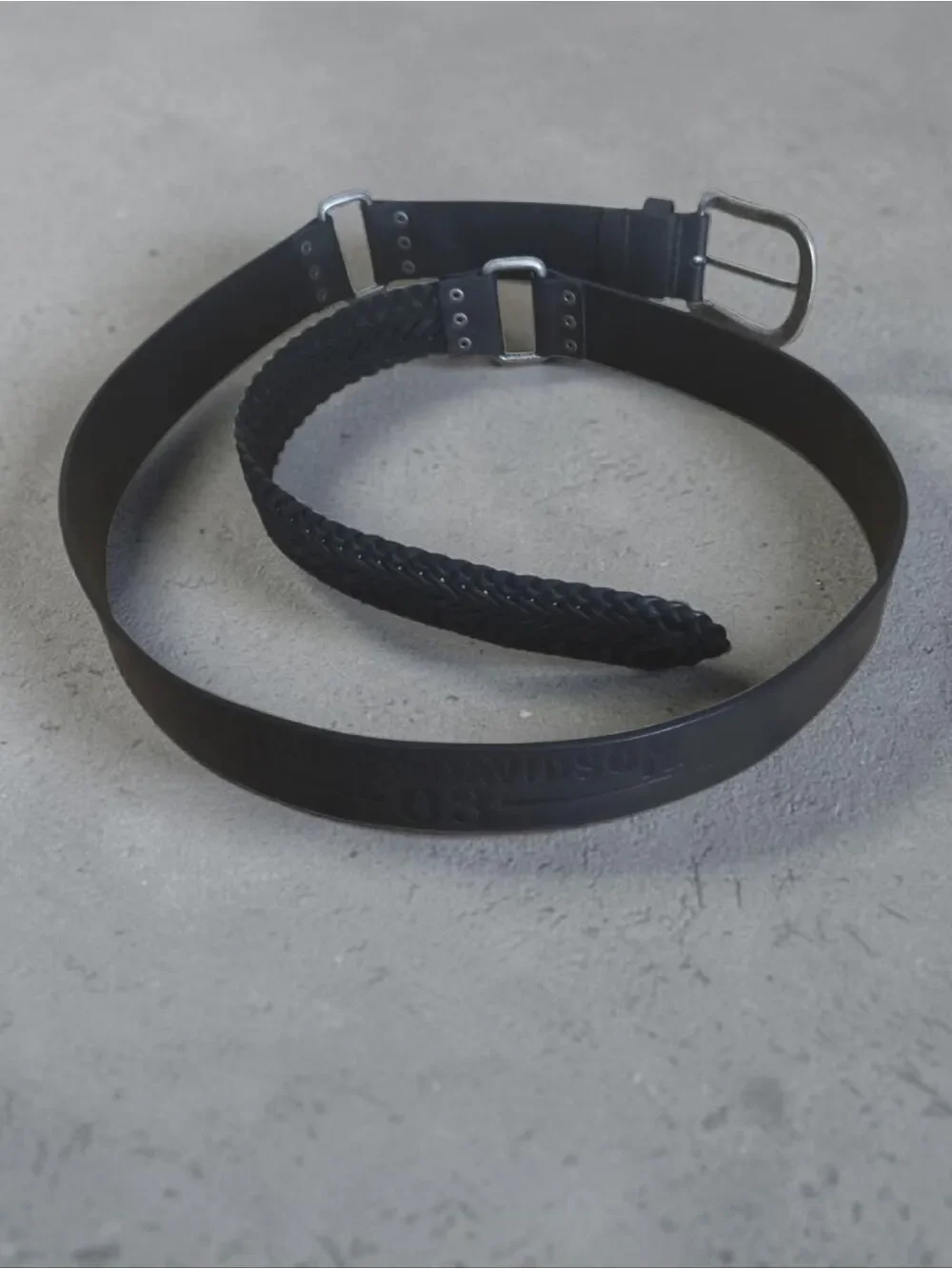 VTG Harley Davidson 03 Black Leather Belt Braided Trim Solid Brass Buckle 44